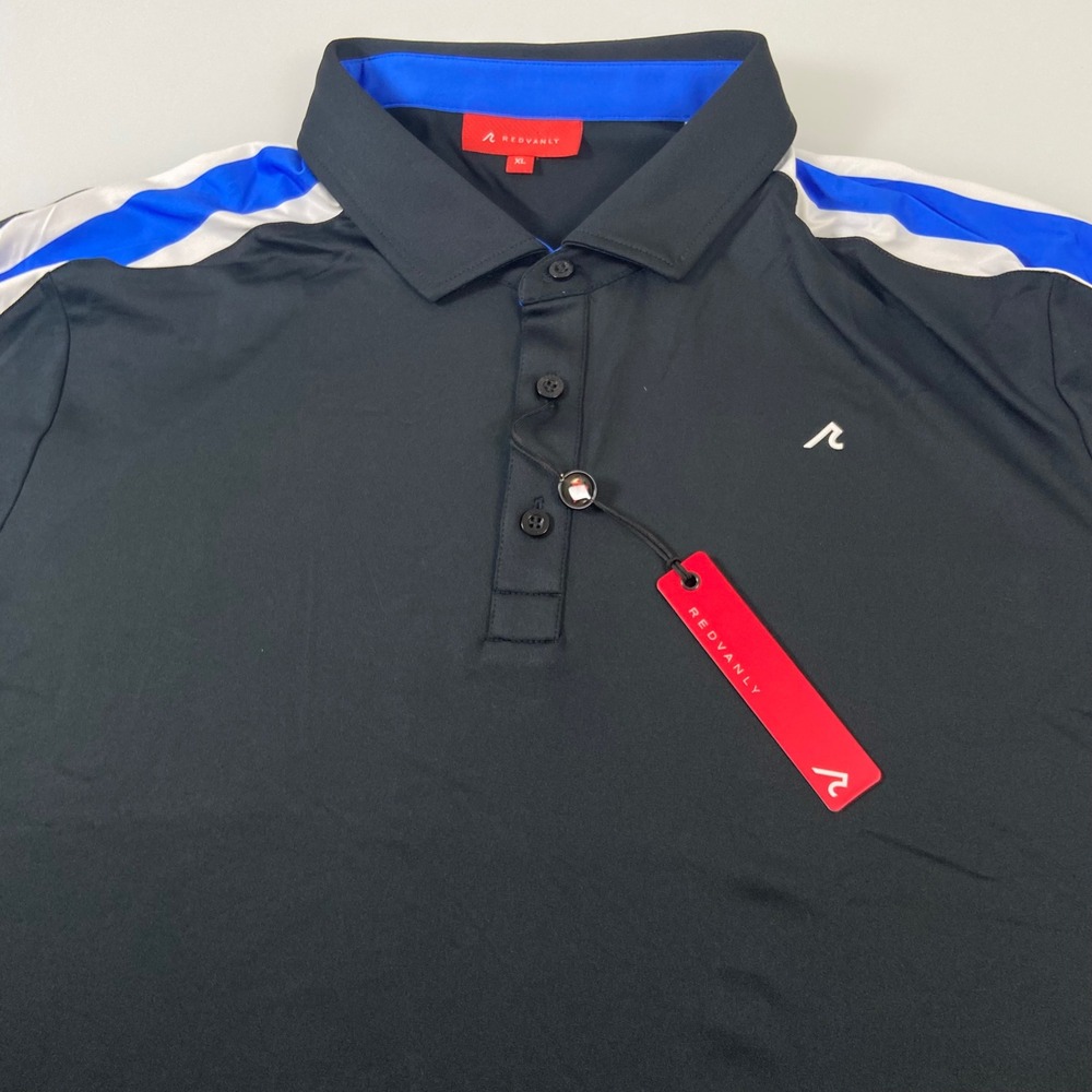 REDVANLY Mens XL Golf Polo Shirt Black Blue White Stripe Short Sleeve Casual NEW